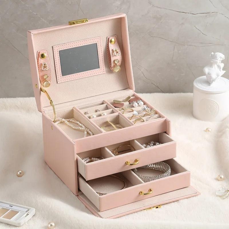 PU Leather Jewelry Organizer Boxes with Mirror Storage Box for Necklaces Rings Earrings Multi-layer Travel Jewelry Cosmetic Box