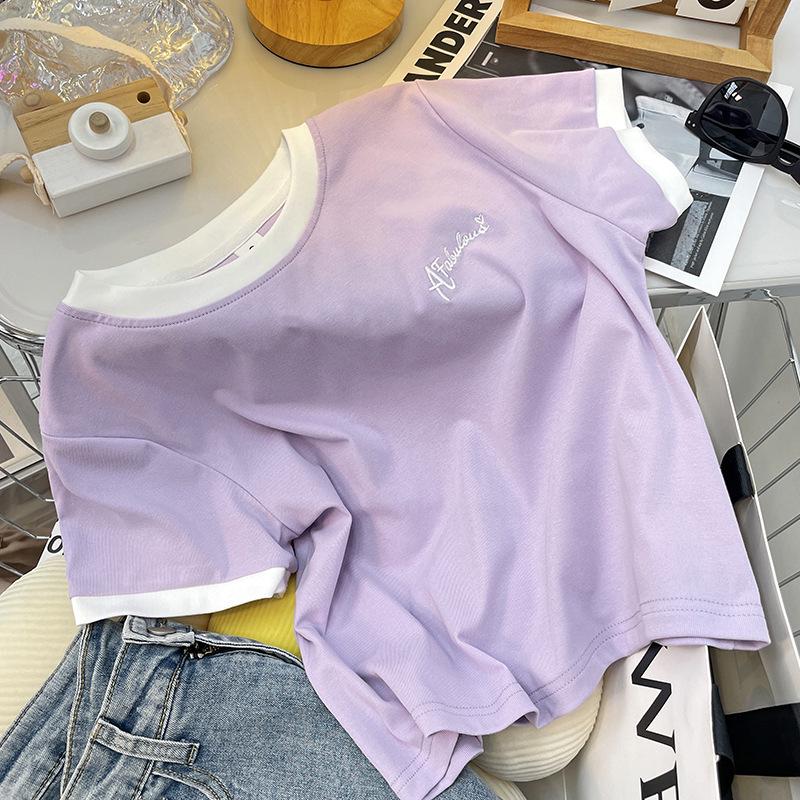 

2025 Корейский стиль Футболка с коротким рукавом и высокой талией, стройнящая, для миниатюрных женщин L (90-105 jin) фиолетовый