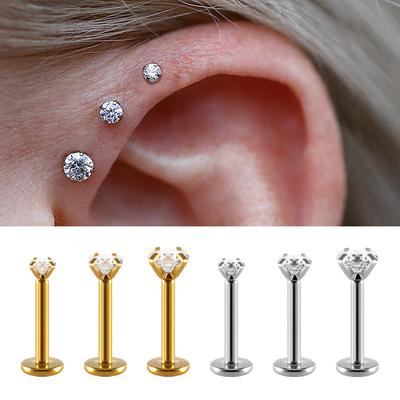 Surgical Steel CZ Flat Back Labret Stud 16G 6mm 8mm Internally Threaded for Cartilage Helix Tragus Lip Hypoallergenic Piercing