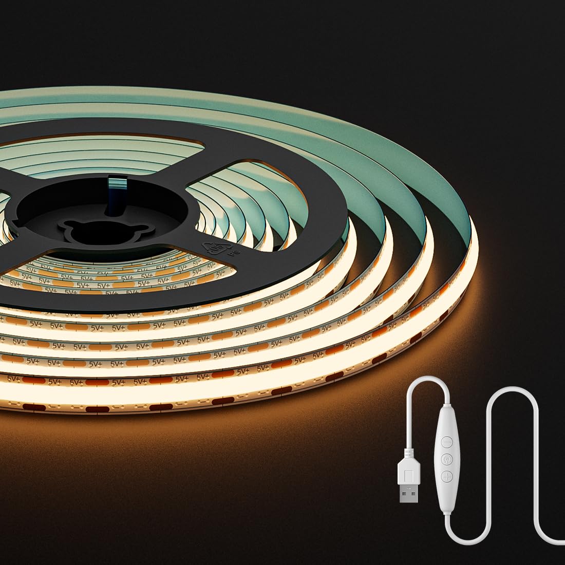 

FCOB COB LED Strip Light, USB, 640 LEDs2m, Warm White, 3000K, Flexible, High Density, Dimmer, 10 Levels, 8mm Wide, DC5V, 6Wm, Transformable and