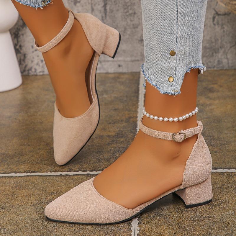 2025 Sapatos  Women Fashion Sweet White Buckle Strap Pearl Square Heel Shoes Lady Leisure Elegant Office Career Pumps
