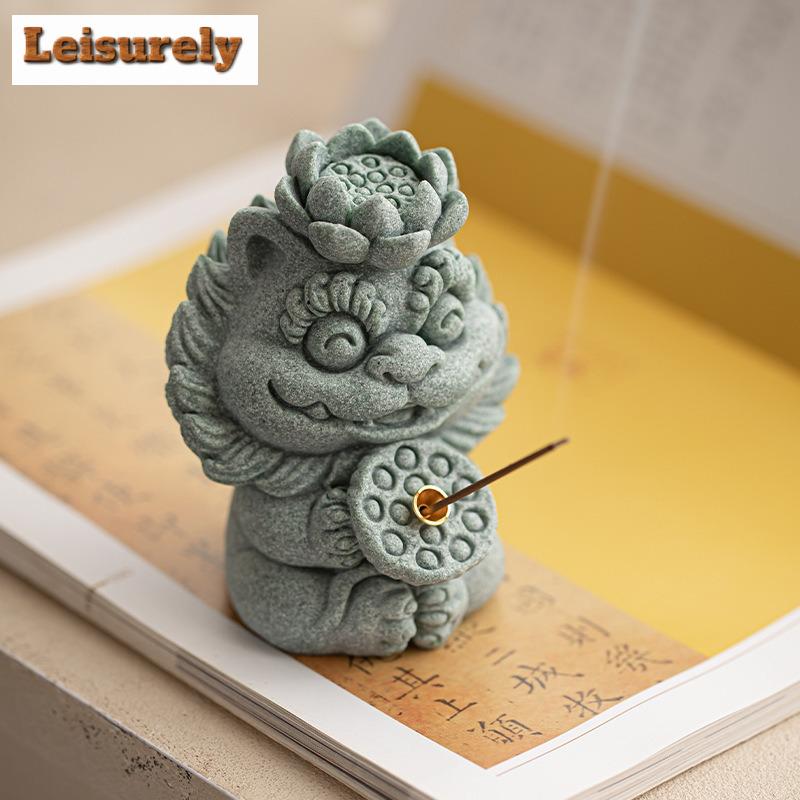 Green Sandstone Wind Lion Lord Incense Holder Tea Pet Aesthetic Fish Tank Landscaping Tea Figurine Play Toys Tea Statue Ornament