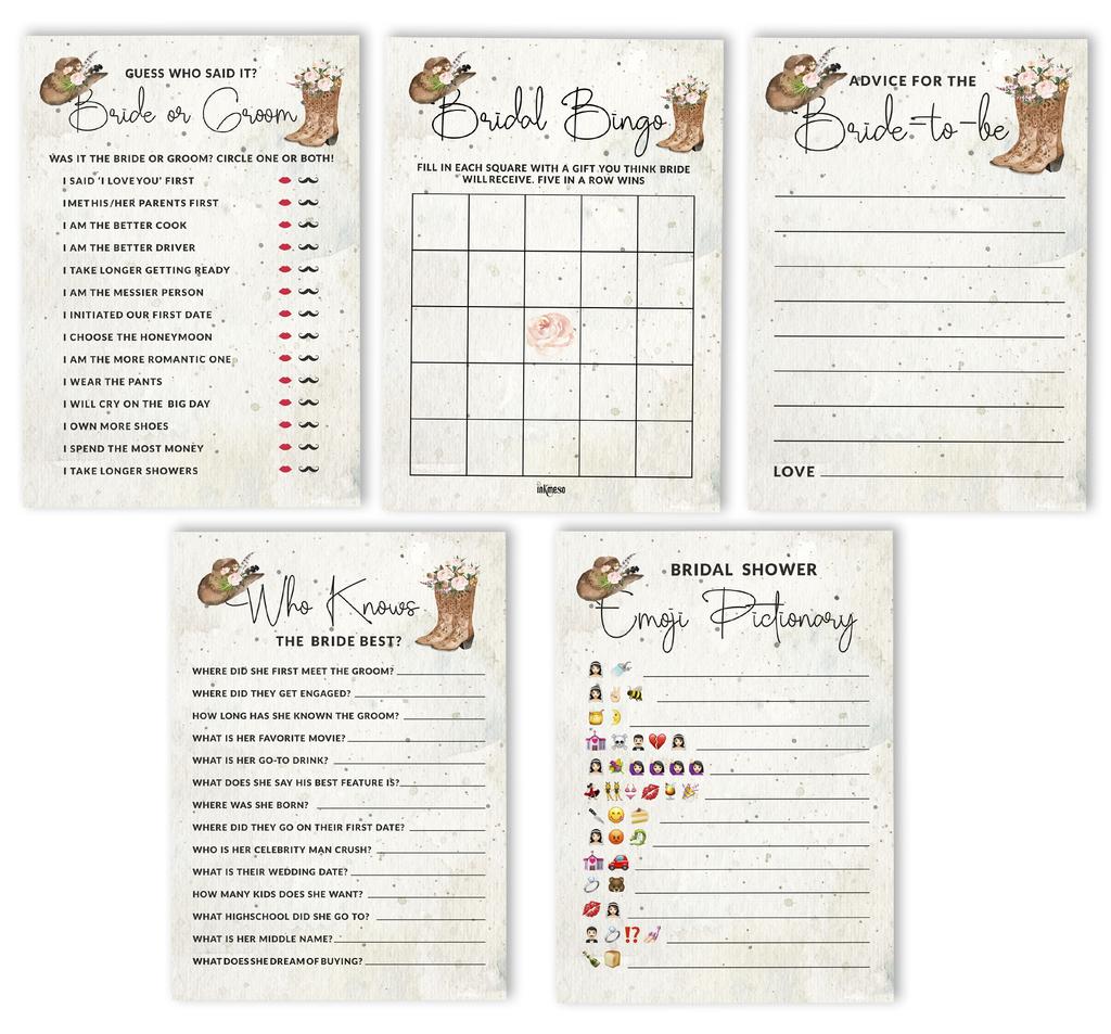 Inkdotpot Bridal Shower Games Set of 5 (Activities for 50 Guests) Cowgirl Theme Fun Bachelorette Party Games Set Bundle
