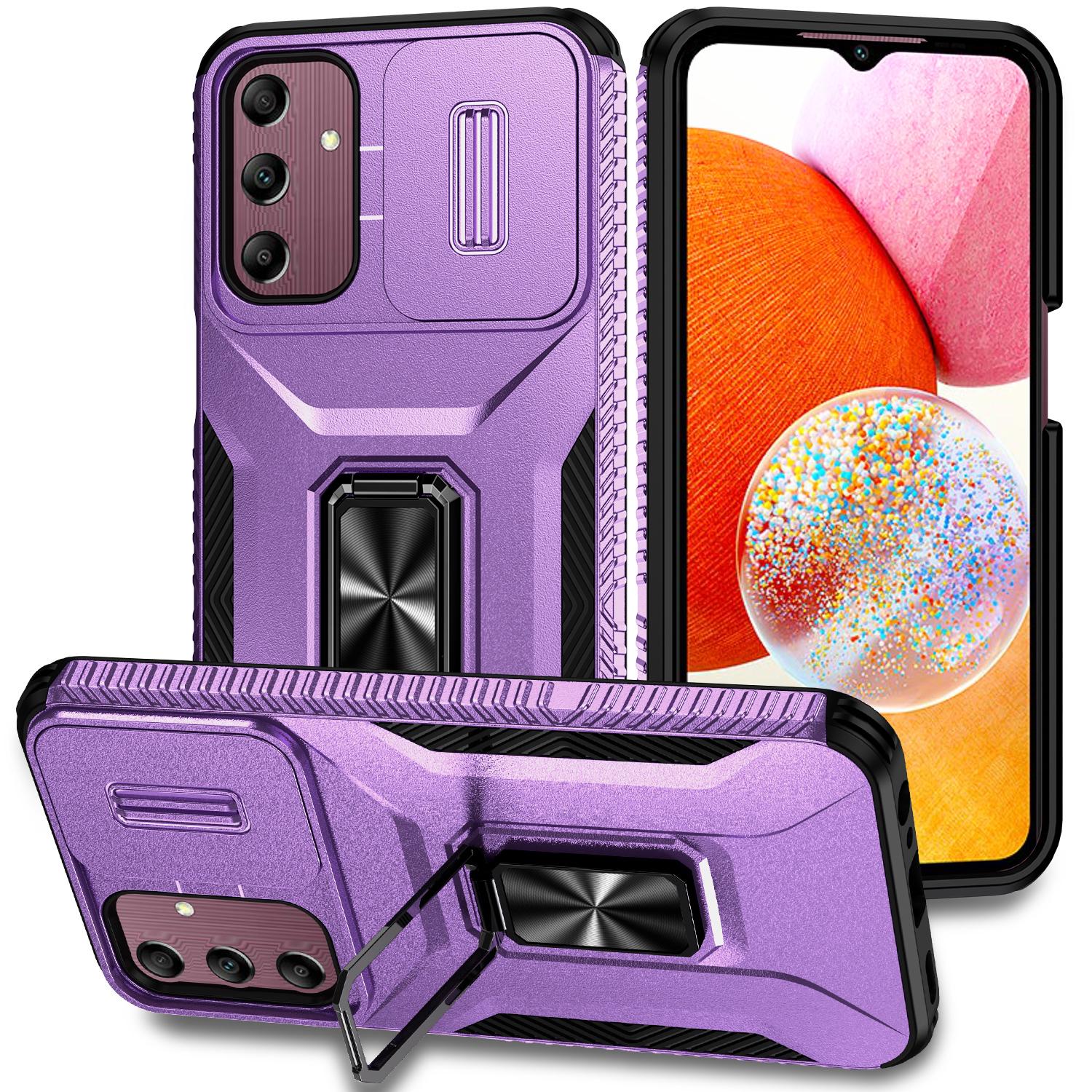 

For Samsung Galaxy A15 5G Case Kickstand Slide Lens Lid TPU+PC Hybrid Phone Cover Purple