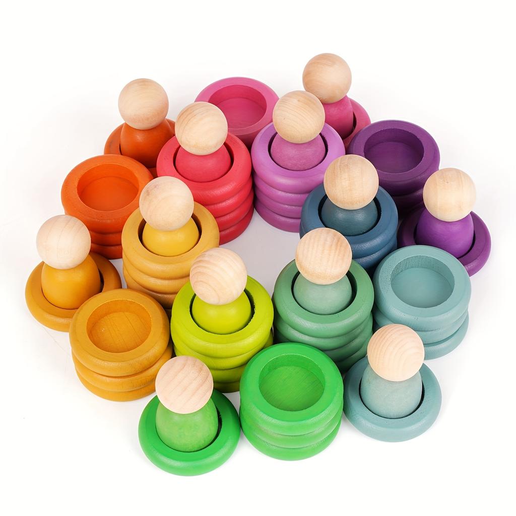 Montessori Toys Wooden Color Sorting Stacking Rings Toy Rainbow Peg Dolls Counting Toys Circular Building Blocks for Toddlers