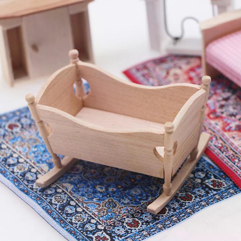 1:12 Dollhouse Miniature Wooden Baby Cardle Bed Pretend Play Furniture Decoration For Kids