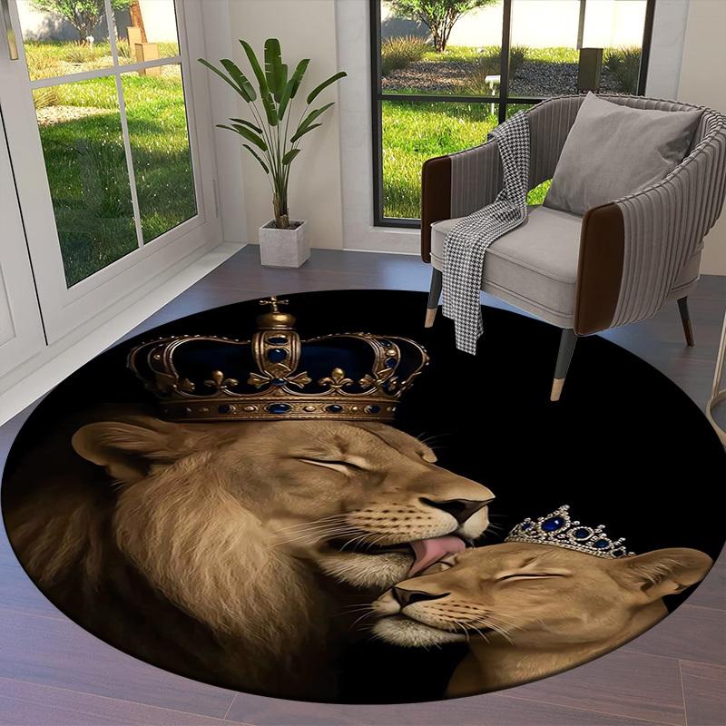 1pc Royal Lion Couple with Crowns Round carpet, Made of Polyester,Office Chairs, Living Rooms, Or Bedrooms, a Cool Rug for The Living Room.ydt26088