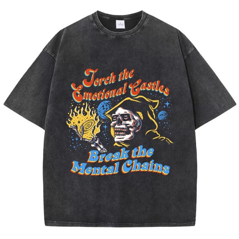 Street Women Washed T-Shirts Skeleton Witch Vintage Printed Tee Shirts Comfortable Cotton Oversize Tees Summer Female Clothes S разноцветный