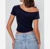 Rippstrick Baumwolle Sommer Off-Shoulder Damen Slim Fit Body Sommer Kurzarm T-Shirt Damen Sexy Basic T-Shirts Koreanischer Chic