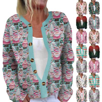 Damenmode Langarm Weihnachten Schneemann Schneeflocke Druck Jacke Strickjacke