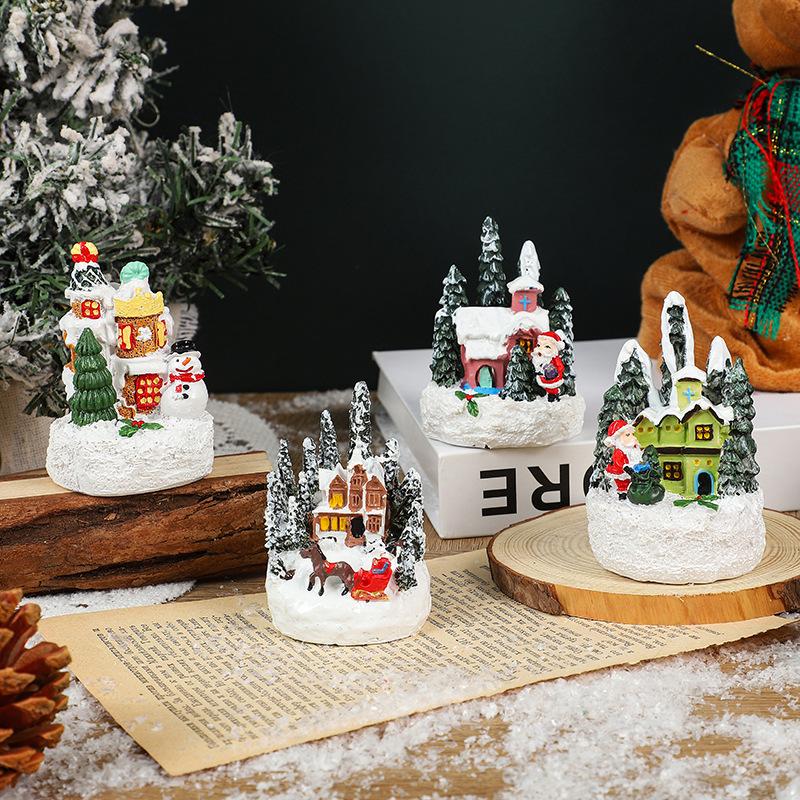 Christmas Cartoon Glowing Small House, Santa Claus, Snowman Miniature Landscape Resin Figurine, Christmas Decoration Item