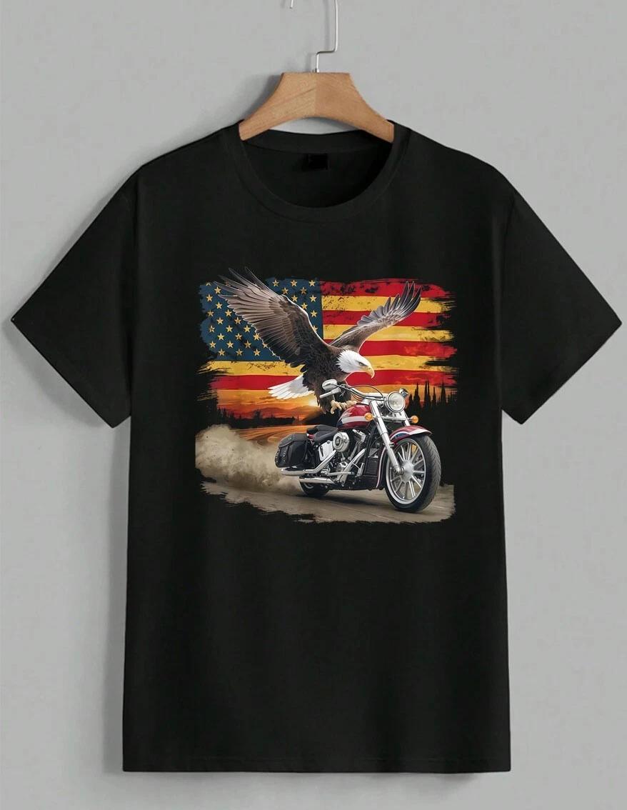 American Flag Eagle Motorcycle T-Shirt USA Patriotic Biker Graphic Tee Unisex XL
