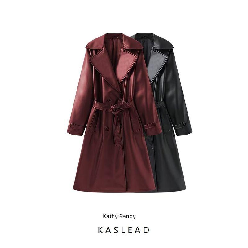 Kaslead New Arrival Women's Clothing Fashion Style Fashion Polo Collar Series Belt Mid Length Long Length Leather Wind Coat Outwear