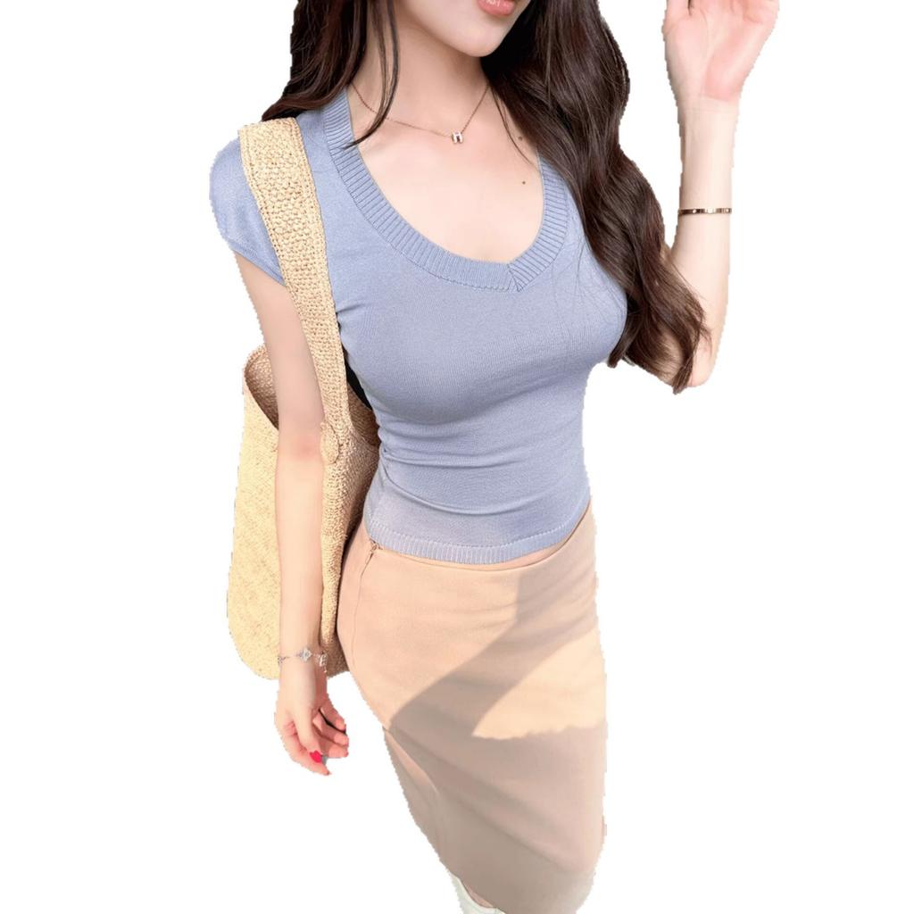 Blue V-neck Korean short-sleeved T-shirt women's summer fashion temperament pure desire Spice girl slim and thin short front shoulder top