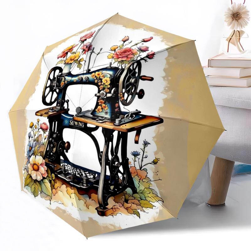Vintage Sewing Machine Floral Art Automatic Umbrella Compact 8-Rib Design Lightweight All Season Travel Outdoor Accessory Perfect Gift for Women Men