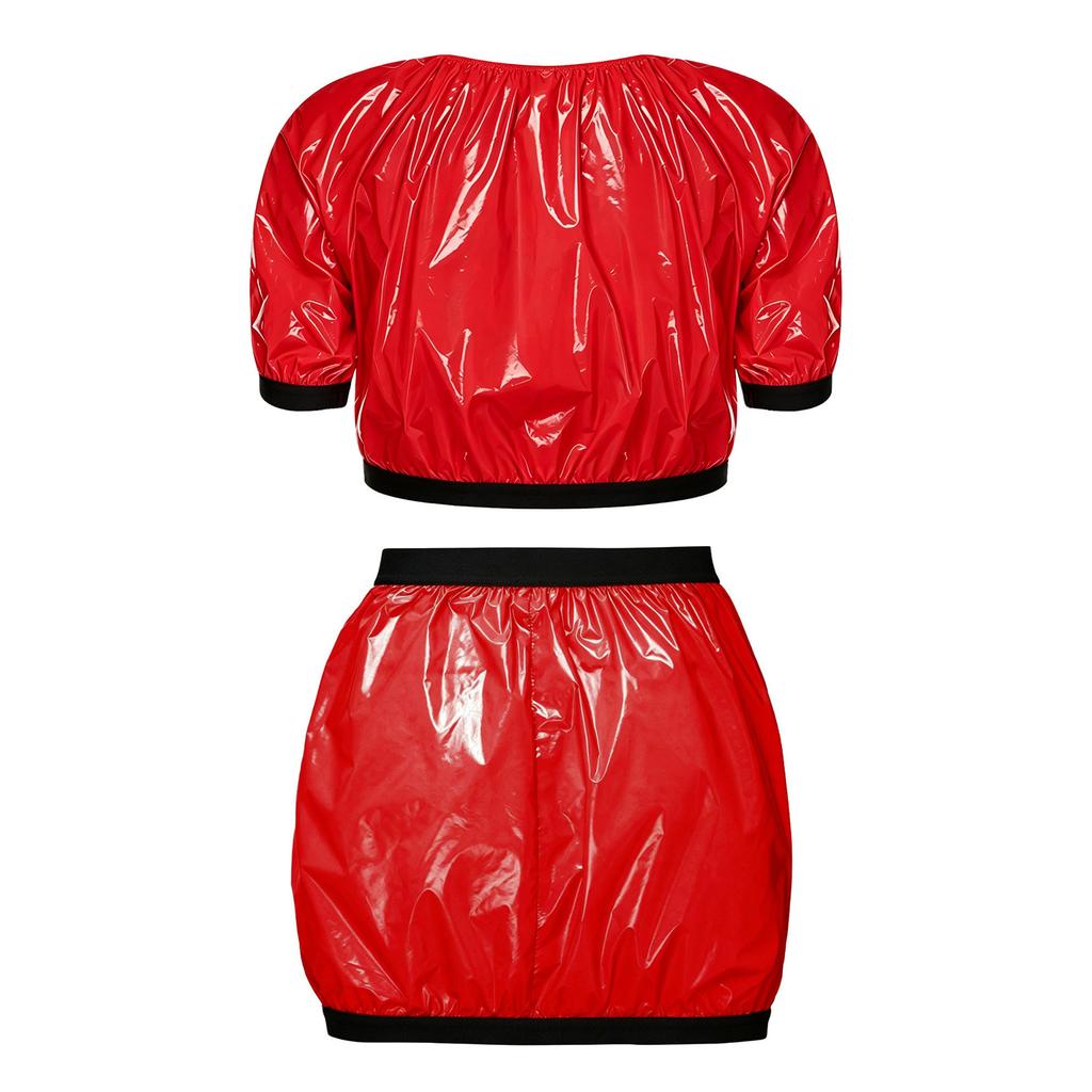 Women Waterproof Vinyl 2-Piece S-3XL Crop Top and PVC Mini Skirt Swimsuit Cover Up Adaptive Swimwear for Beach Pool