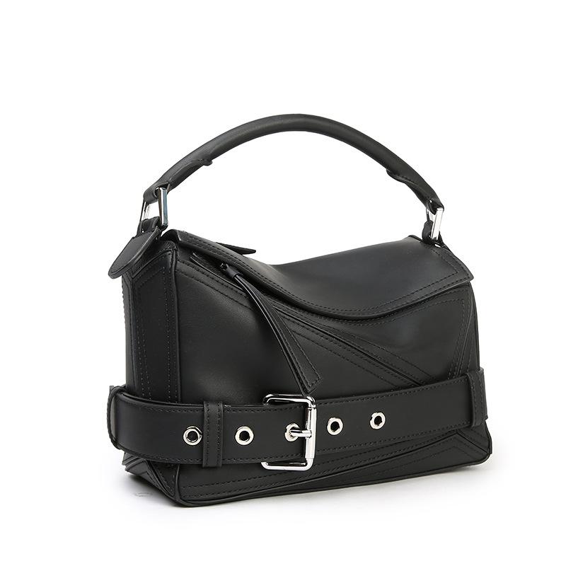 Geometrische Ledertasche, Echte Leder-Damentasche, Große Umhängetasche für Damen, Handtasche schwarz