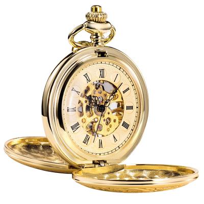 TREEWETO Mechanical Pocket Watch Half Hunter Antique Skeleton Golden Case Roman Numerals Men's