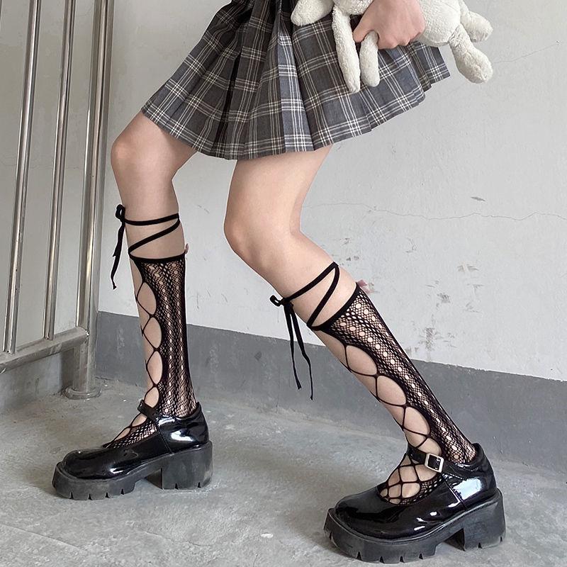 Black Socks for Women Japanese Style JK Knee High Socks Hot Girl Fishnet Hollow Cross Tie Calf Socks White Summer Thin
