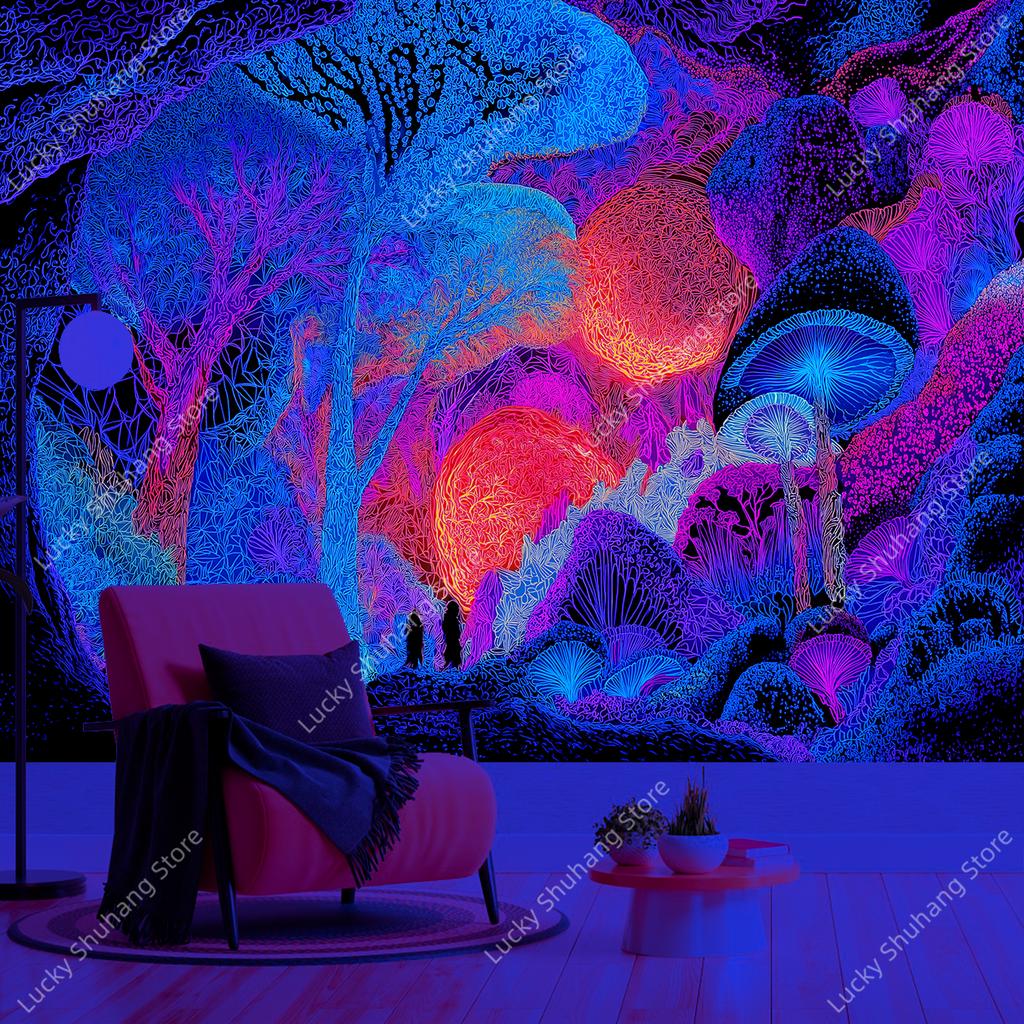 Neon Abstract Wall Tapestry Psychedelic Art Print Black Light Decor For Bedroom Living Room Sci Fi Theme Home Interior Hanging