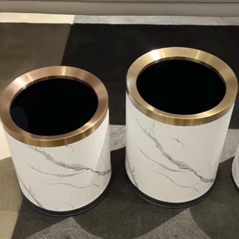 Luxury Trash Can Metal Leather Large Capacity Trash Bin Minimalist Built-in Wastebasket Home Bathroom Bedroom Cleaning Supplies