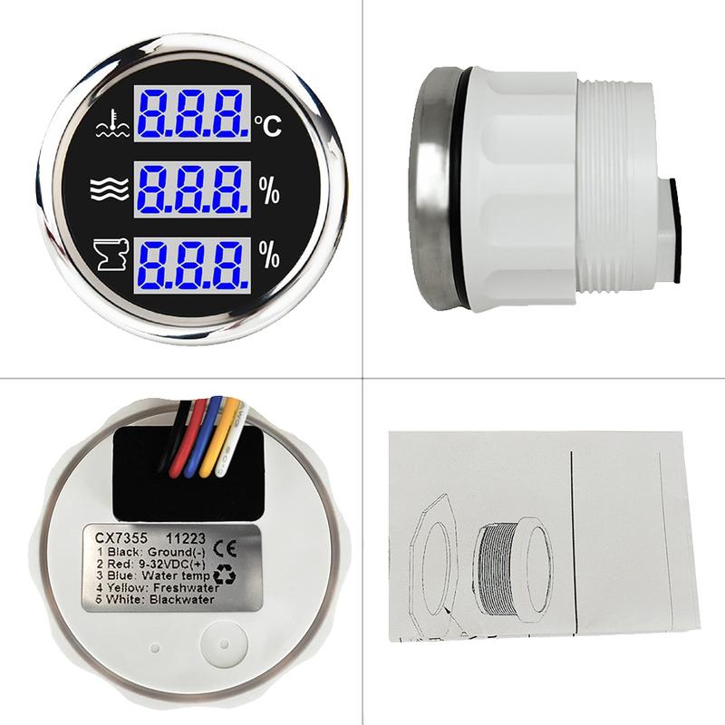 Rhaxel 52mm 3in1 Multifunction TFT Digital Meter Water Temp Water Level Holding Tank Level Meter with Backlight for Car Boats