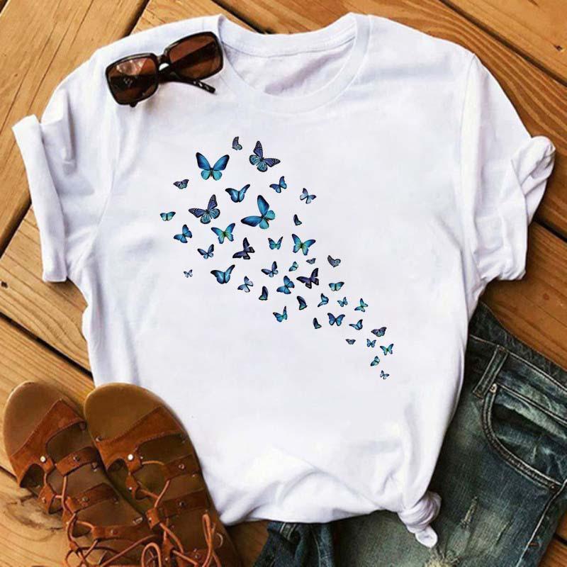 Summer Butterfly Print Plus Size Loose Round Neck Pure Cotton Short Sleeved Top T-Shirts Women’s Tees