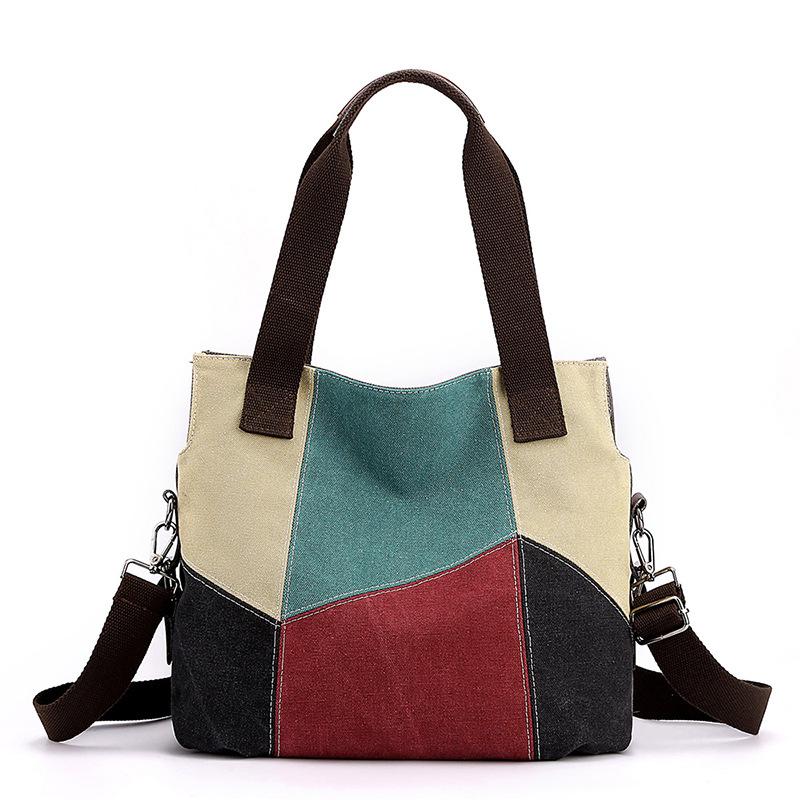 Women's Contrast Canvas Tote Bag Female Large Capacity Contrast Stitching Bag Shoulder Handbag