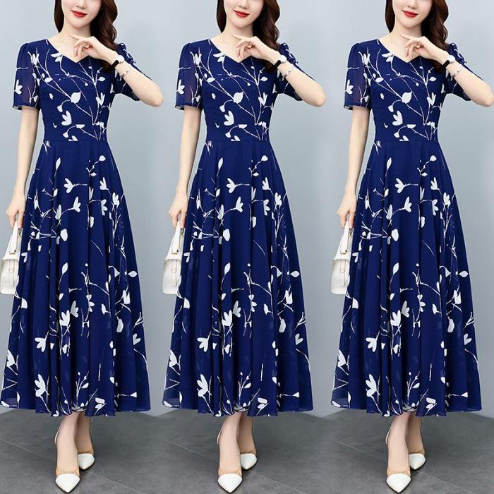 Floral Print Plus Size Slimming Short Sleeve Dress for Mature Women