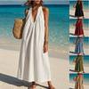Women's Halter Deep V Neck Loose Solid Color Linen Blend Maxi Dress Elegant Casual Summer Beach Vacation Sleeveless Sundress