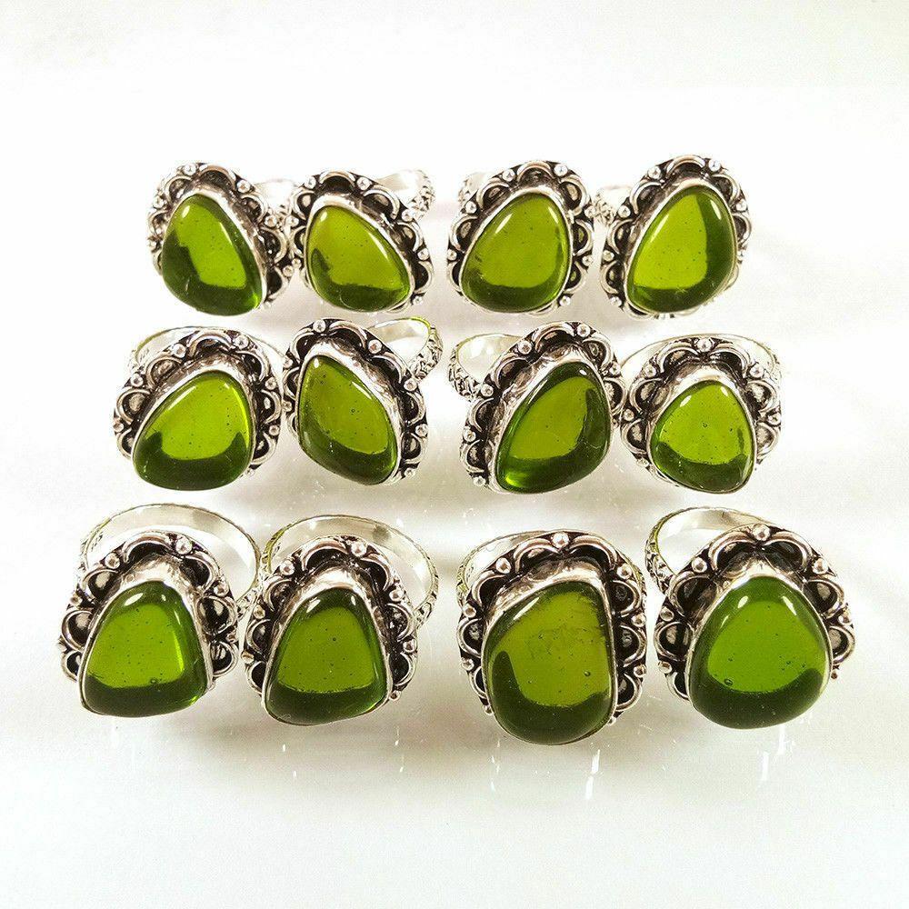 10Pcs Green Quartz Gemstone 925 Sterling Silver Plated Wholesale Lot Rings JOR-R252