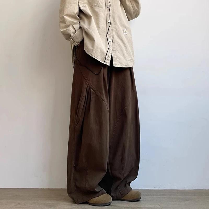 Unisex Japanese Retro Wide-Leg Pleated Cargo Pants - Casual Elastic Waist College Style