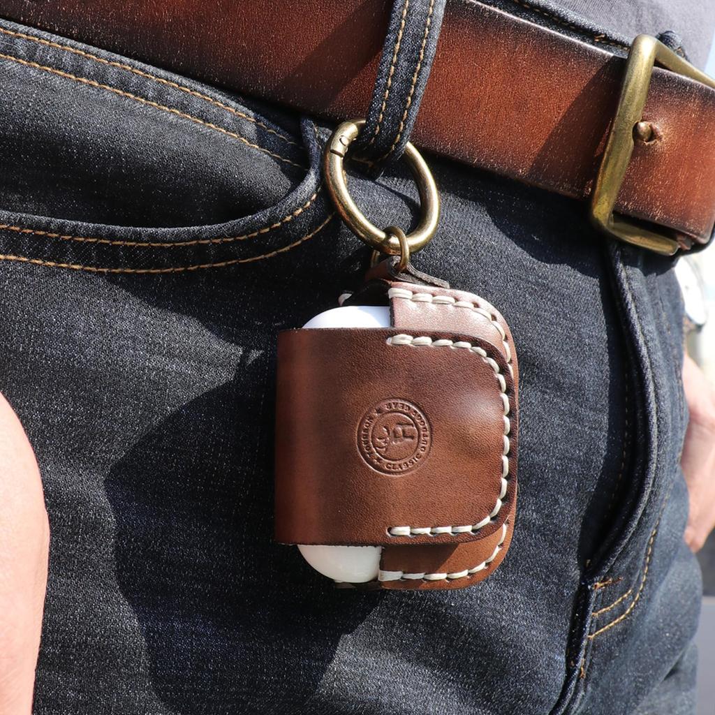 TOURBON Earphone AirPods Genuine with Charging Vintage Case, Compatible, Leather, Brown, Keyring, Port, Compact, Shockproof, Style, Men's & Women's
