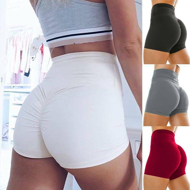 Damen Yoga Shorts mit hohem Bund Push Up Gerafft Sport Hotpants Lässig Fitnessstudio Workout