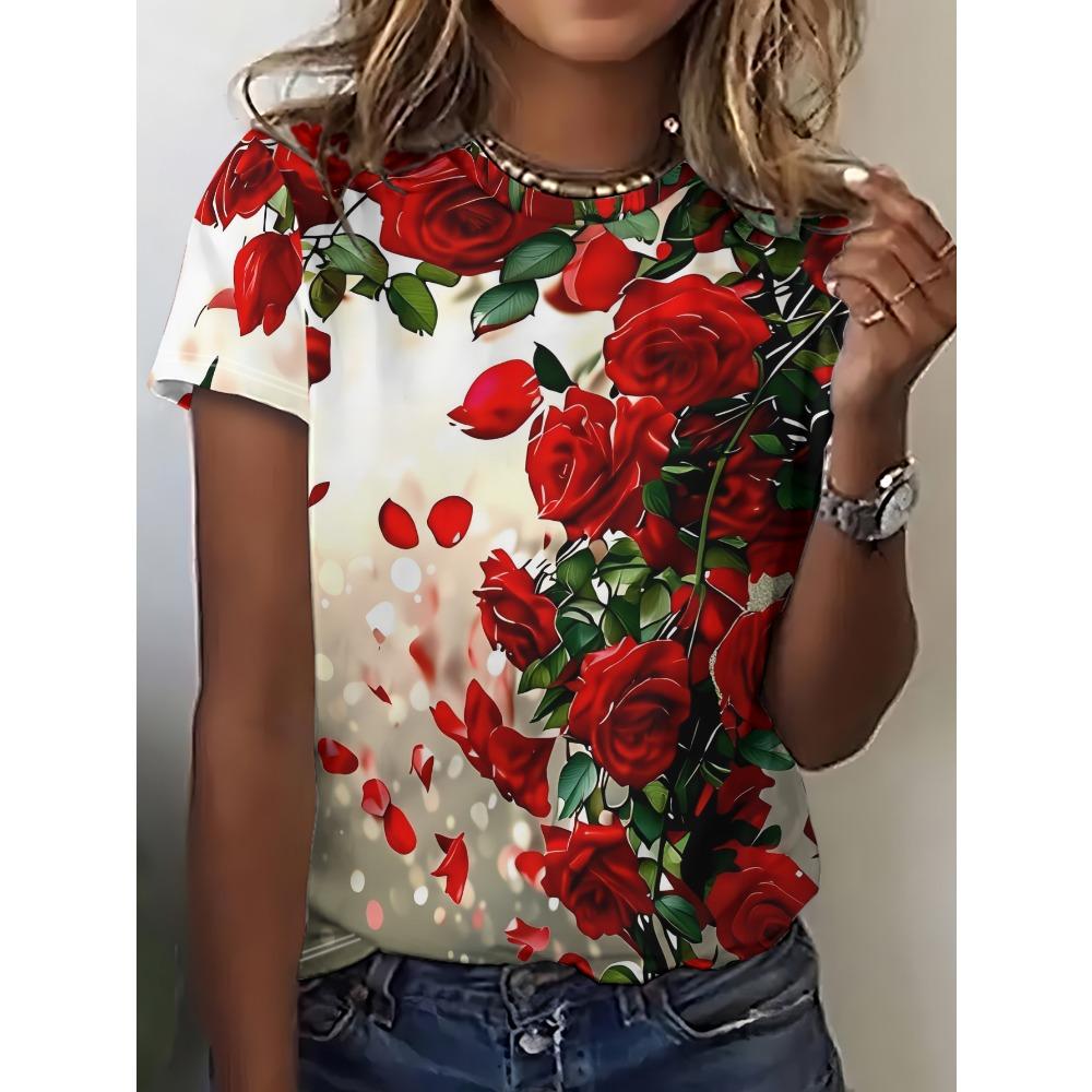 Women s short sleeved T-shirt with white background and red rose print 2XS