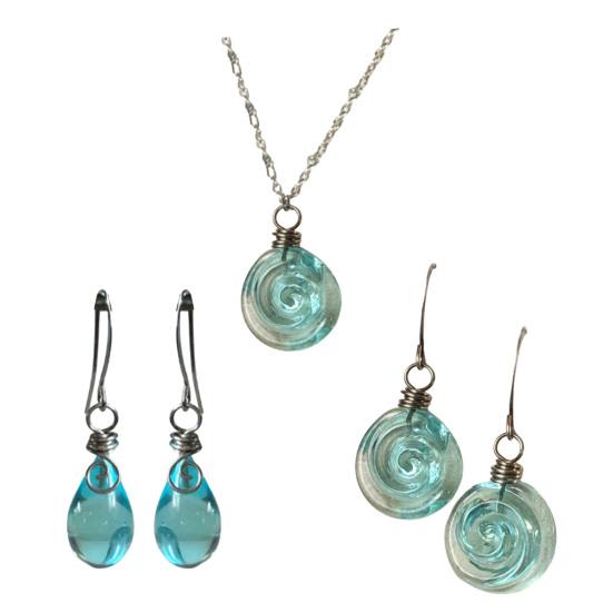 Recycled Glass Spiral Earrings Necklace Handmade Unique Depth Reflects Light Hook Earrings Pendant Necklace
