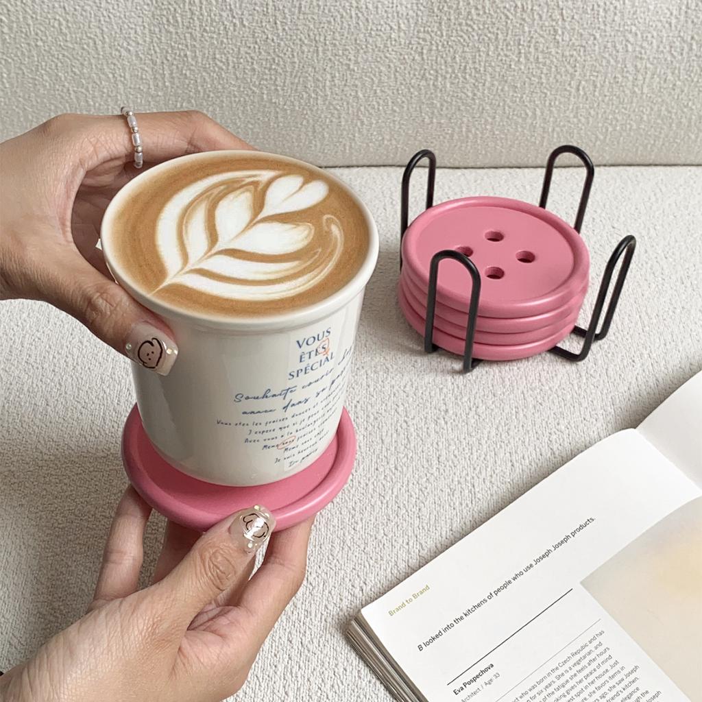 6-Piece Original Colorful Button Coaster Set with Cross-Shaped Iron Rack Coaster Holder Dopamine Round Wooden Coasters Exquisite Coffee Cup Holders