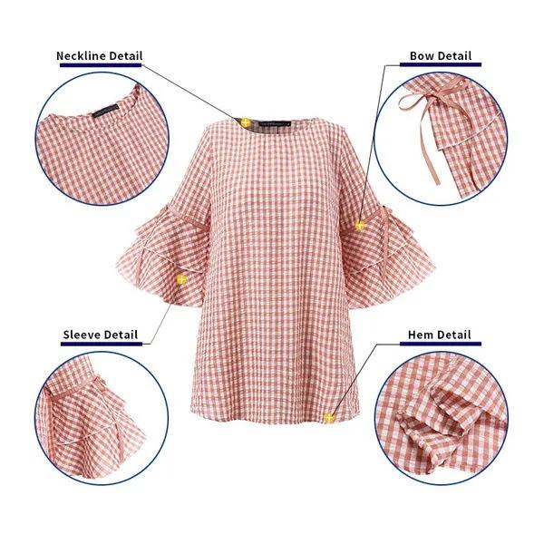 GMXIA Dámský top s volánovými rukávy a lemem, dámská sváteční kostkovaná košile