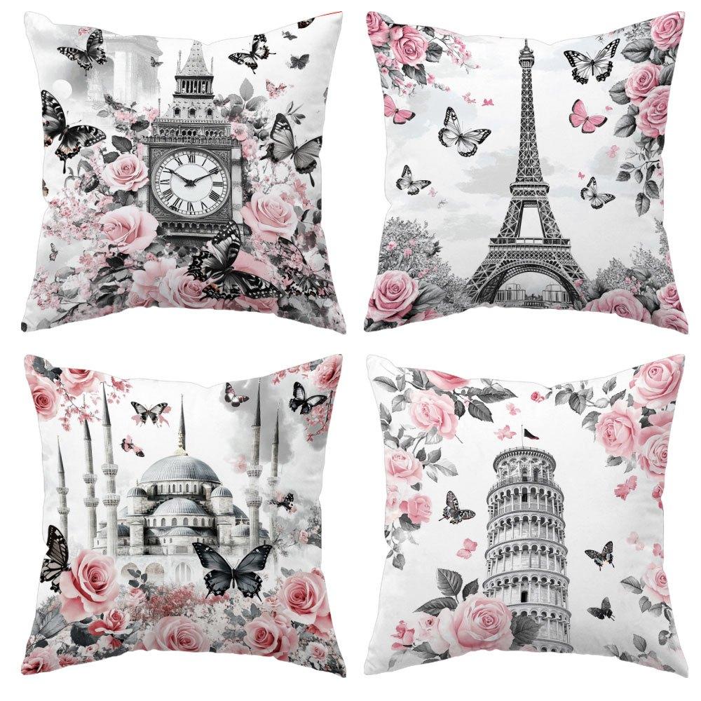 4pcs European Landmark Pillow Covers – Eiffel Tower, Leaning Tower of Pisa & Clock Tower with Pink Roses & Butterflies 4PCS