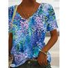 Plus Size Casual T-shirt, Women's Plus Colorful Butterfly Print Short Sleeve V Neck Medium Stretch Top