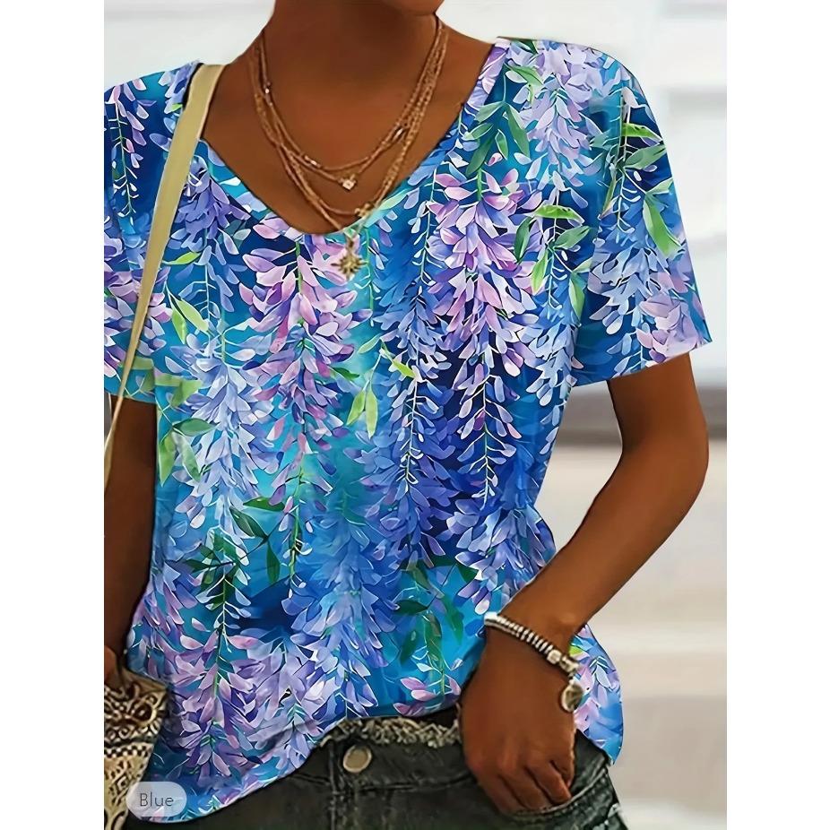 

Повседневная футболка большого размера, женский топ с коротким рукавом и V-образным вырезом, средней эластичности, с красочным принтом бабочек 6XL синий