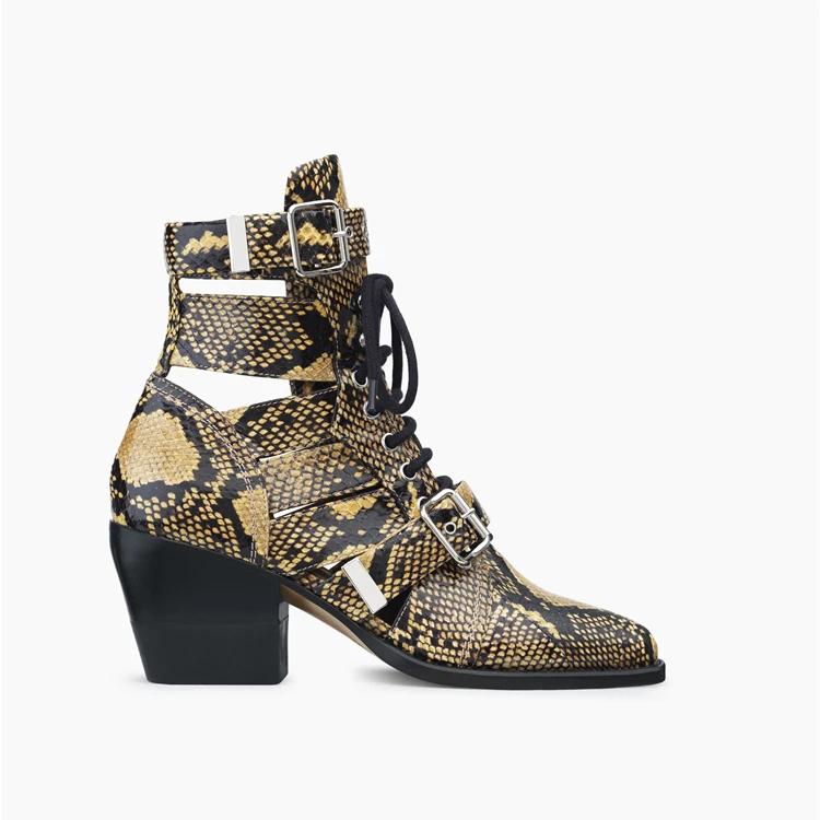 Fashion Brand Fashion Show Genuine Leather Hollow Out Women's Cool Boots Belt Buckle Pointed 6cm High Heels Fashion European American