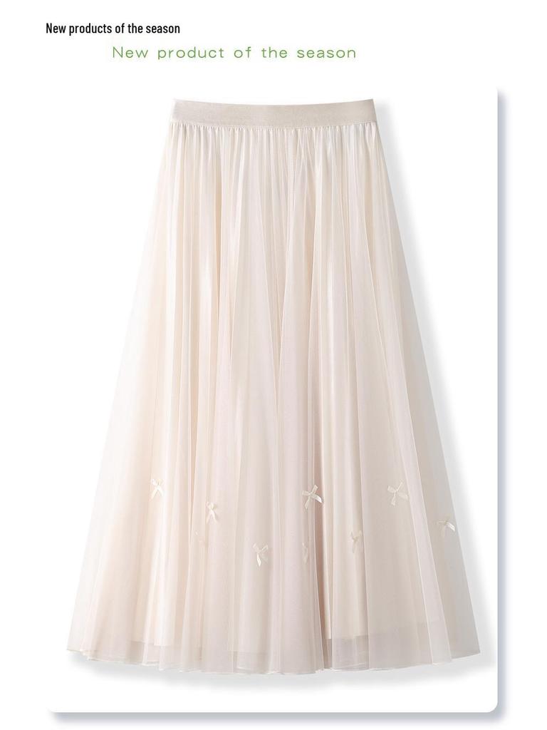White Women's Drapey A-Line Mesh Skirt - 2024 New Autumn, Spring Mid-Length Pleated Style