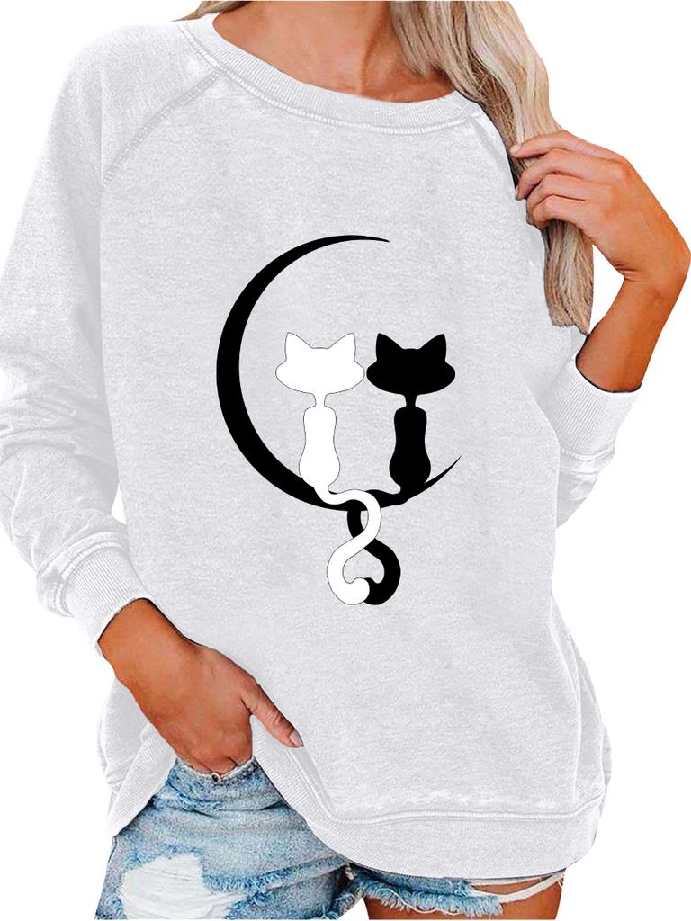Ladies Spring/Fall Sweatshirt Women's Fashion Cat Print Top Oversized Pullover Sweatshirt