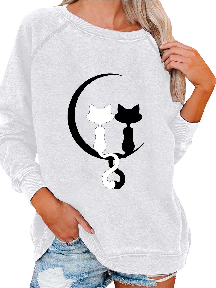 Женский свитшот весна/осень, женский модный топ с принтом кошки, свитшот-пуловер оверсайз S
