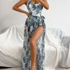 Rochie Lungă Fermecătoare cu Imprimeu Frunze, Decupaj și Nod, Costum de Baie Bikini Două Piese cu Gât Legat pentru Vacanță