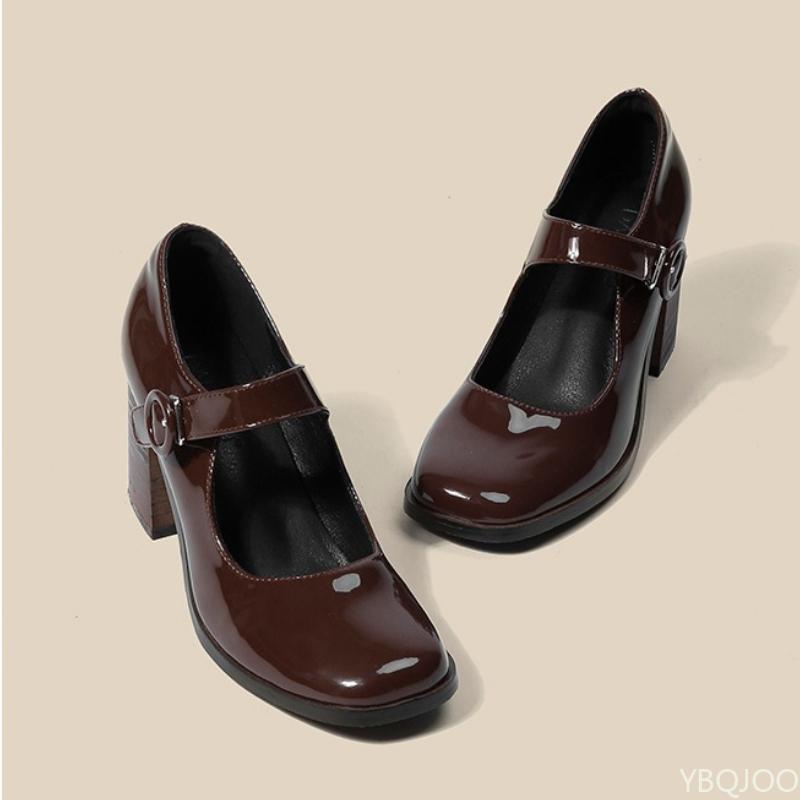 Fashion Thick Heeled Square Toe Women's Shoes Black High Heels with a Single Button Thick Heels Simple Versatile Comfortable Single Shoe