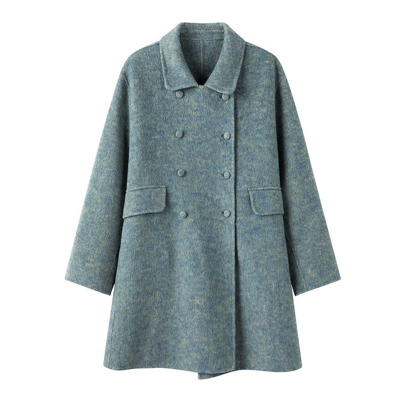 Womens Wool Blend A-Line Double-Breasted Coat Mid-Length Winter 2026 Elegant Casual Outerwear