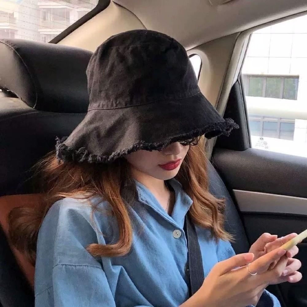 Foldable Raw Edge Fisherman Hat Sunshade Sun Protection Cap Versatile Thin Bucket Hat  Women