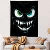 Halloween Wall Tapestry Evil Grin Cartoon Face Big Green Eyes Sharp Teeth Black Horror Decor for Game Room Man Cave Gift